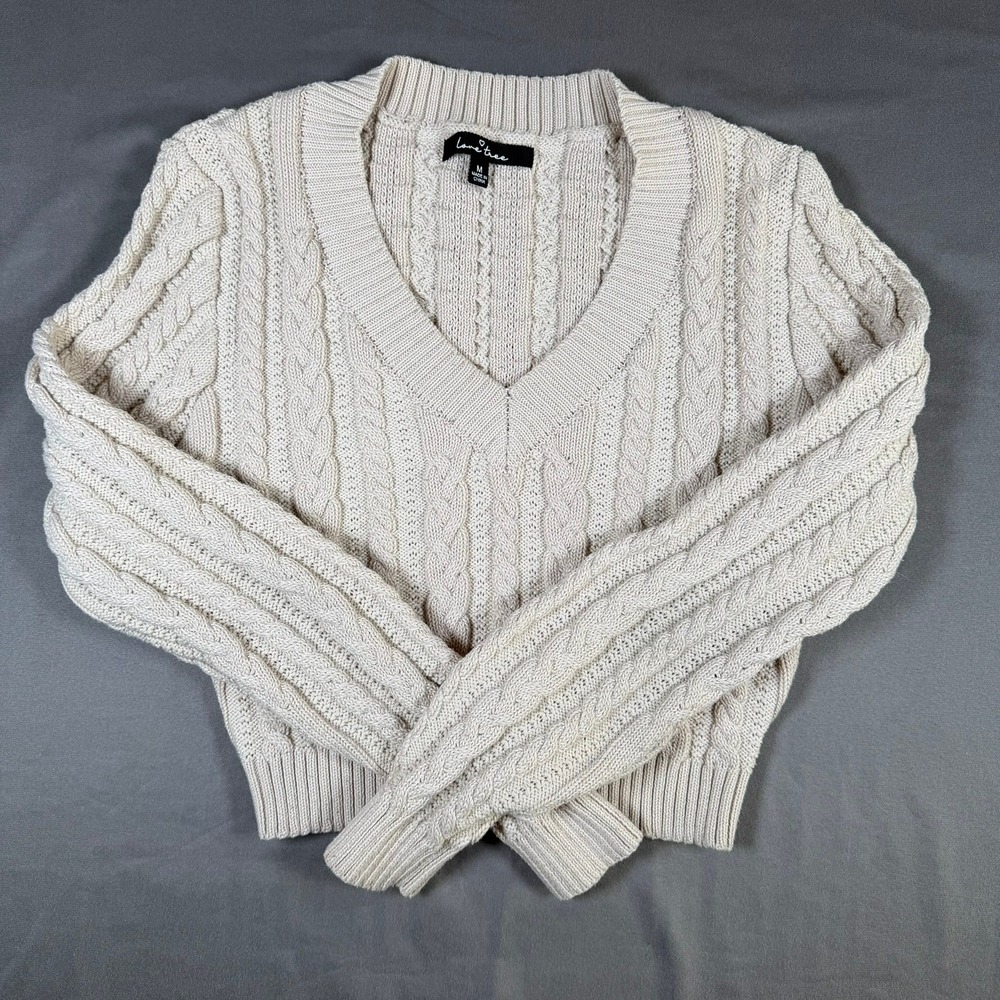 Love Tree W9092 Womens Size M Cream Beige Cable Knit Cropped V-Neck Sweater - Picture 6 of 7